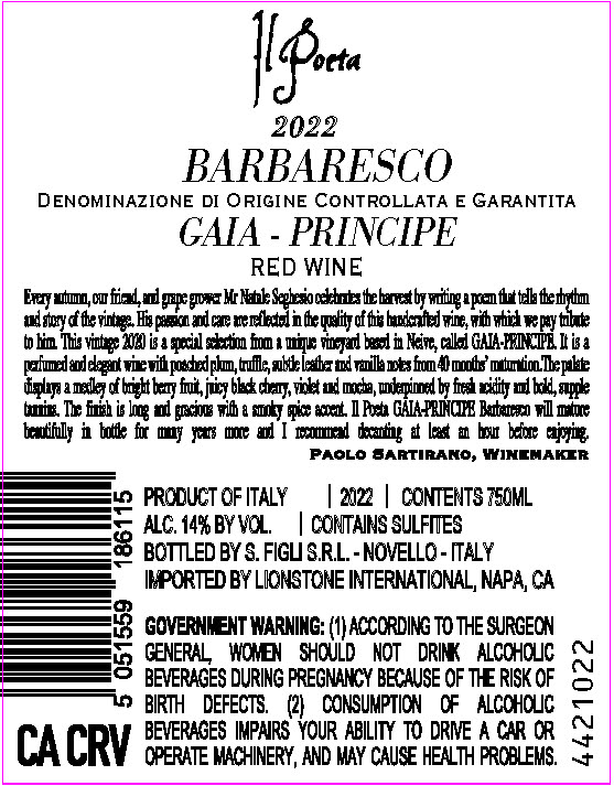 TABC label artwork for Il Poeta Gaia-Principe Barbaresco Red Wine, Italy