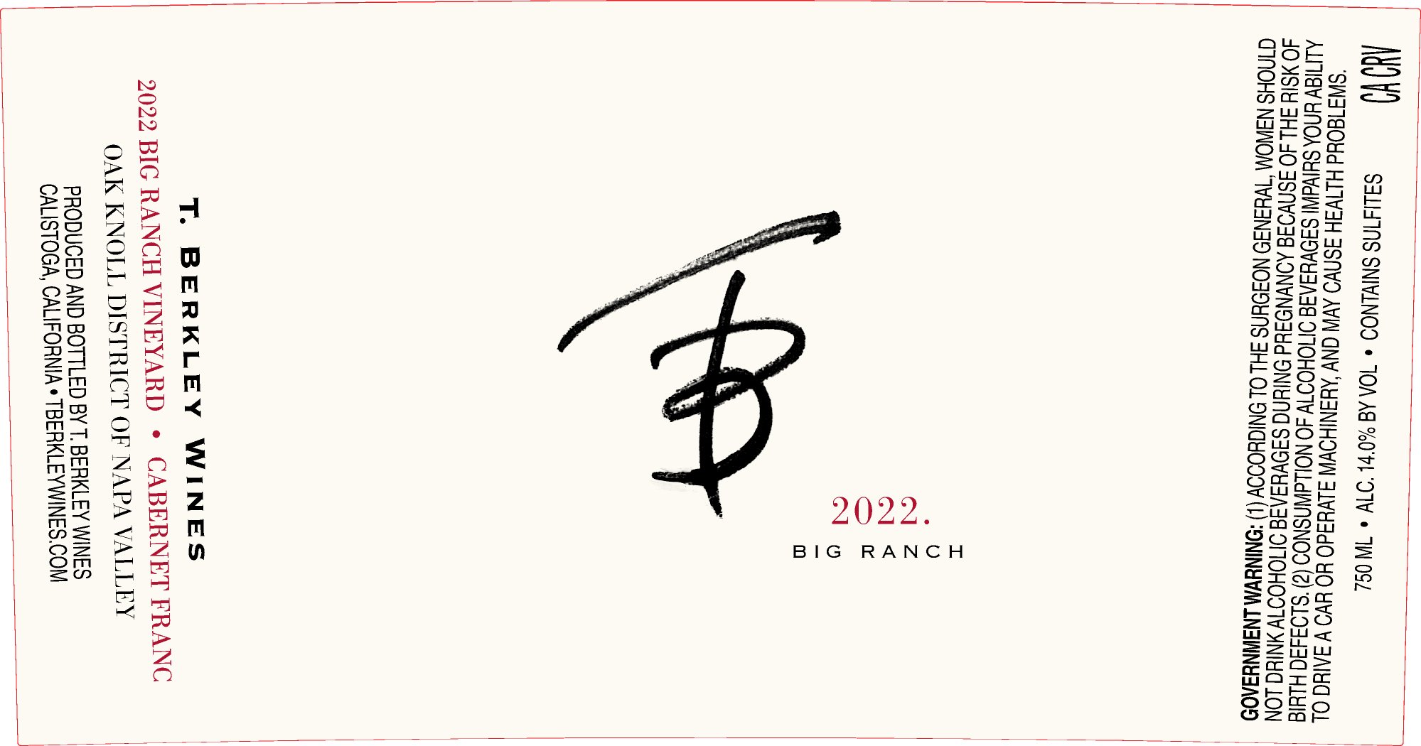 TABC label artwork for T. Berkley Wines Big Ranch Oak Knoll District of Napa Valley