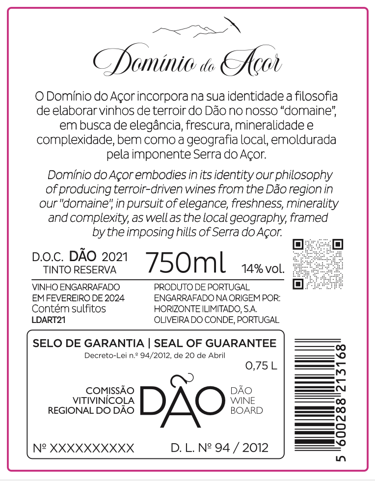 TABC label artwork for DOMINIO DO ACOR RESERVA TINTO DAO