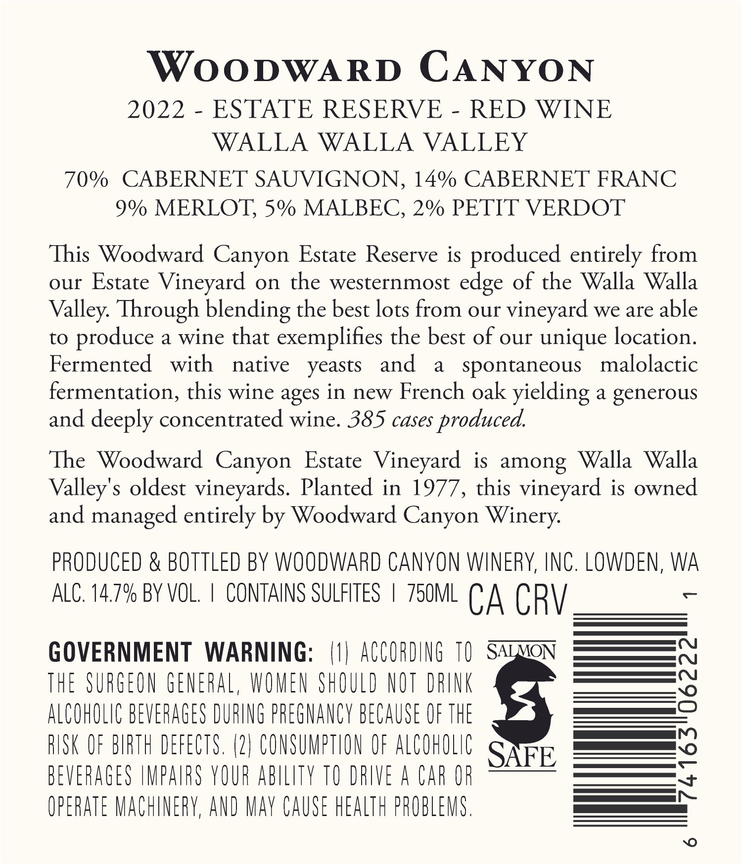 TABC label artwork for WOODWARD CANYON ESTATE RESERVE RED