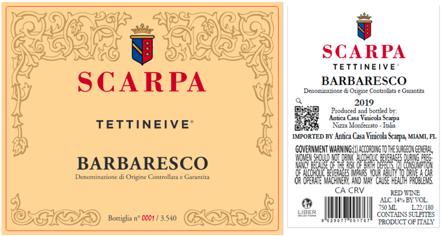 TABC label artwork for Antica Casa Vinicola Scarpa Tettineive Barbaresco DocG