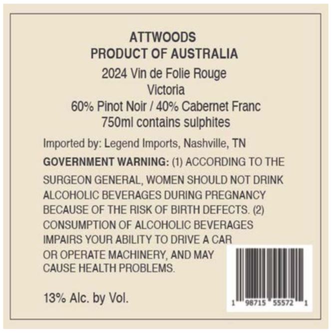 TABC label artwork for ATTWOODS VIN DE FOLIE ROUGE