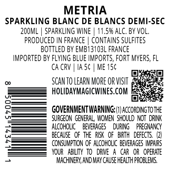 TABC label artwork for METRIA Sparkling Blanc de Blancs Demi-Sec France