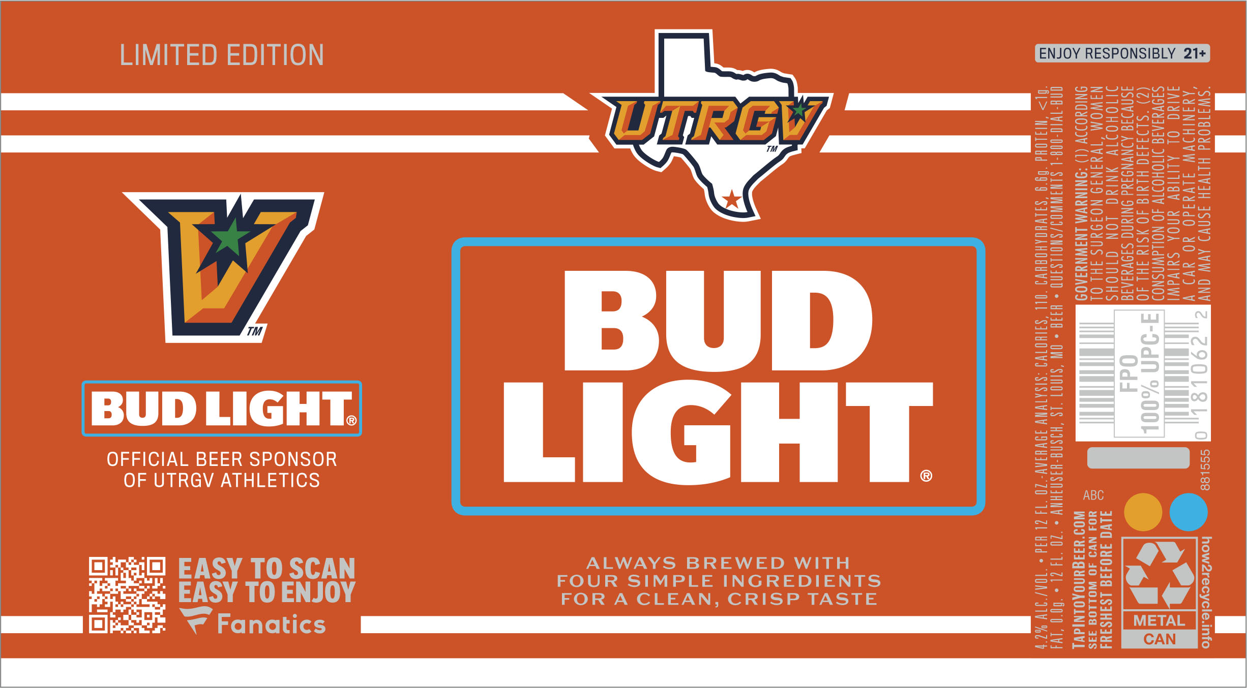 TABC label artwork for BUD LIGHT 2025 COLLEGE FOOTBALL UNIVERSITY OF TEXAS RIO GRANDE VALLEY 12 OZ. CAN