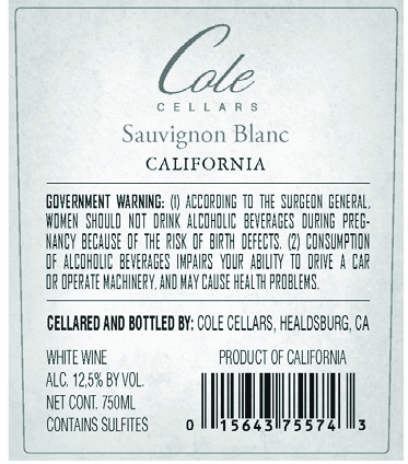 TABC label artwork for Cole Cellars Sauvignon Blanc California