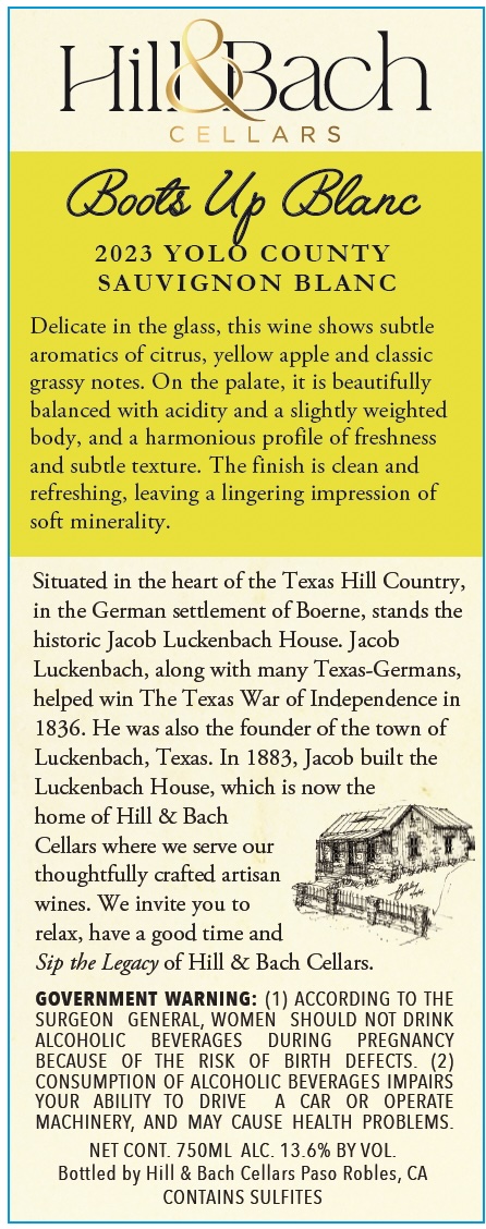 TABC label artwork for Hill & Bach Cellars Boots Up Blanc