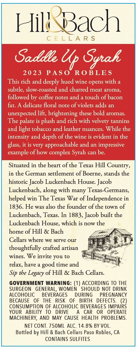 TABC label artwork for Hill & Bach Cellars Saddle Up Syrah