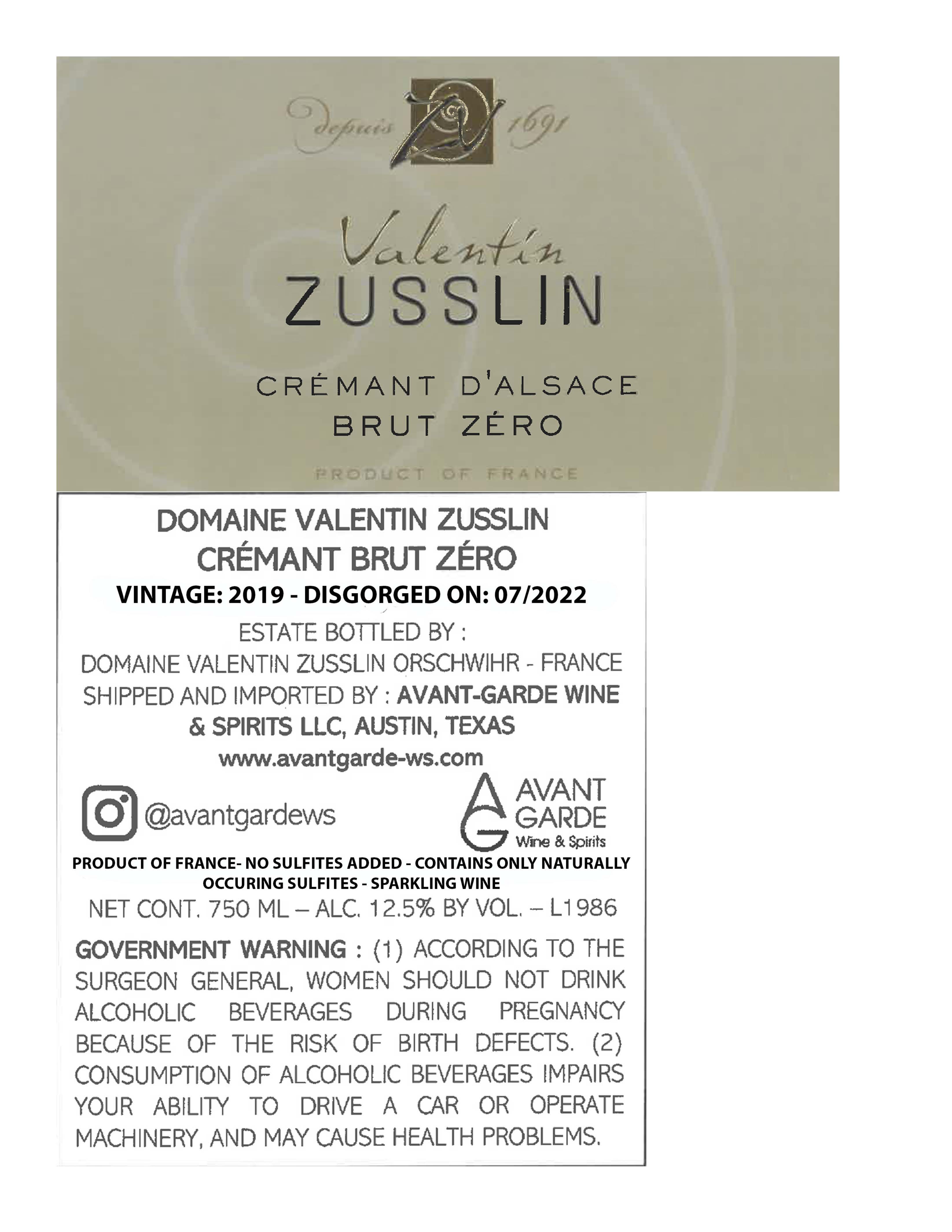 TABC label artwork for Domaine Valentin Zusslin Cremant Brut 0 R20