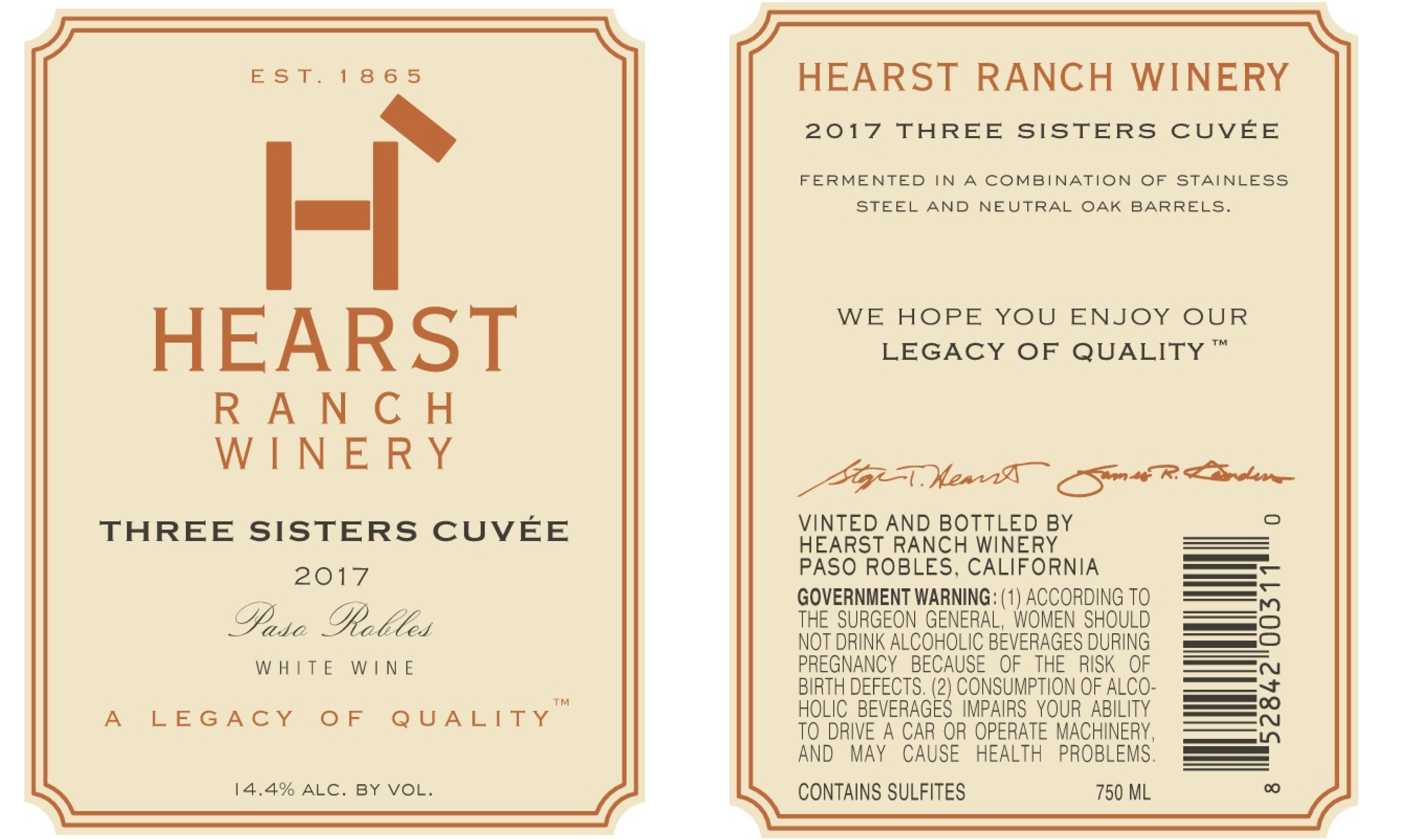 TABC label artwork for HEARST RANCH WINERY THREE SISTERS CUVEE WHITE WINE PASO ROBLES