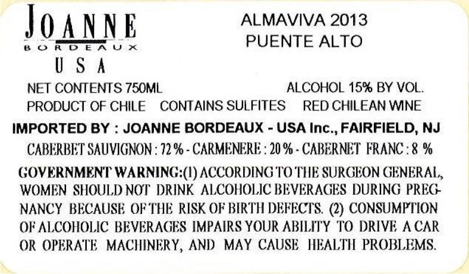 TABC label artwork for ALMAVIVA CABERNET SAUVIGNON