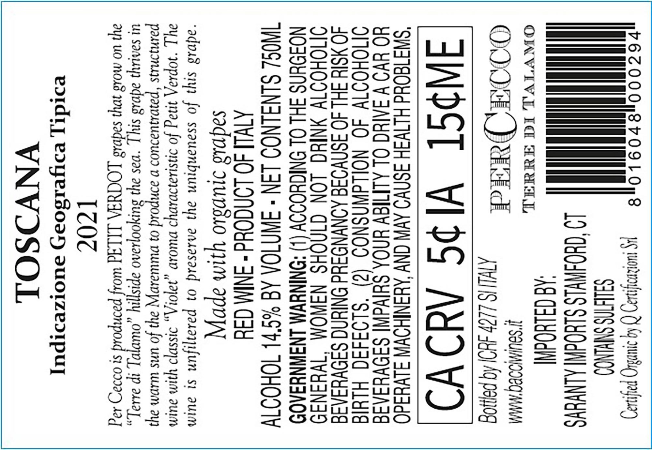 TABC label artwork for TERRE DI TALAMO PER CECCO