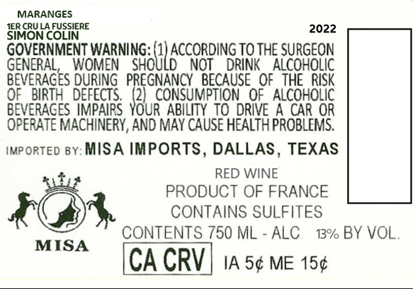 TABC label artwork for SIMON COLIN MARANGES 1ER CRU LA FUSSIERE