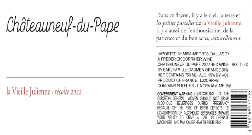 TABC label artwork for LA VIEILLE JULIENNE LES PETITES PARCELLES
