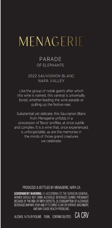 TABC label artwork for Menagerie Parade of Elephants Sauvignon Blanc