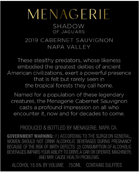 TABC label artwork for Menagerie Shadow of Jaguars Cabernet Sauvignon