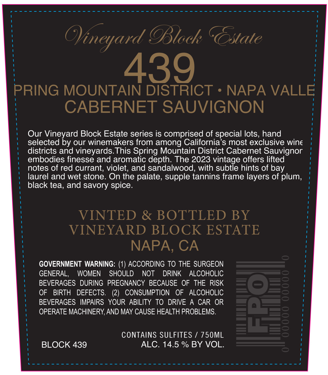 TABC label artwork for Vineyard Block Estate 439 Cabernet Sauvignon Spring Mountain District