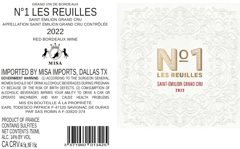 TABC label artwork for N°1 LES REUILLES SAINT-EMILION GRAND CRU