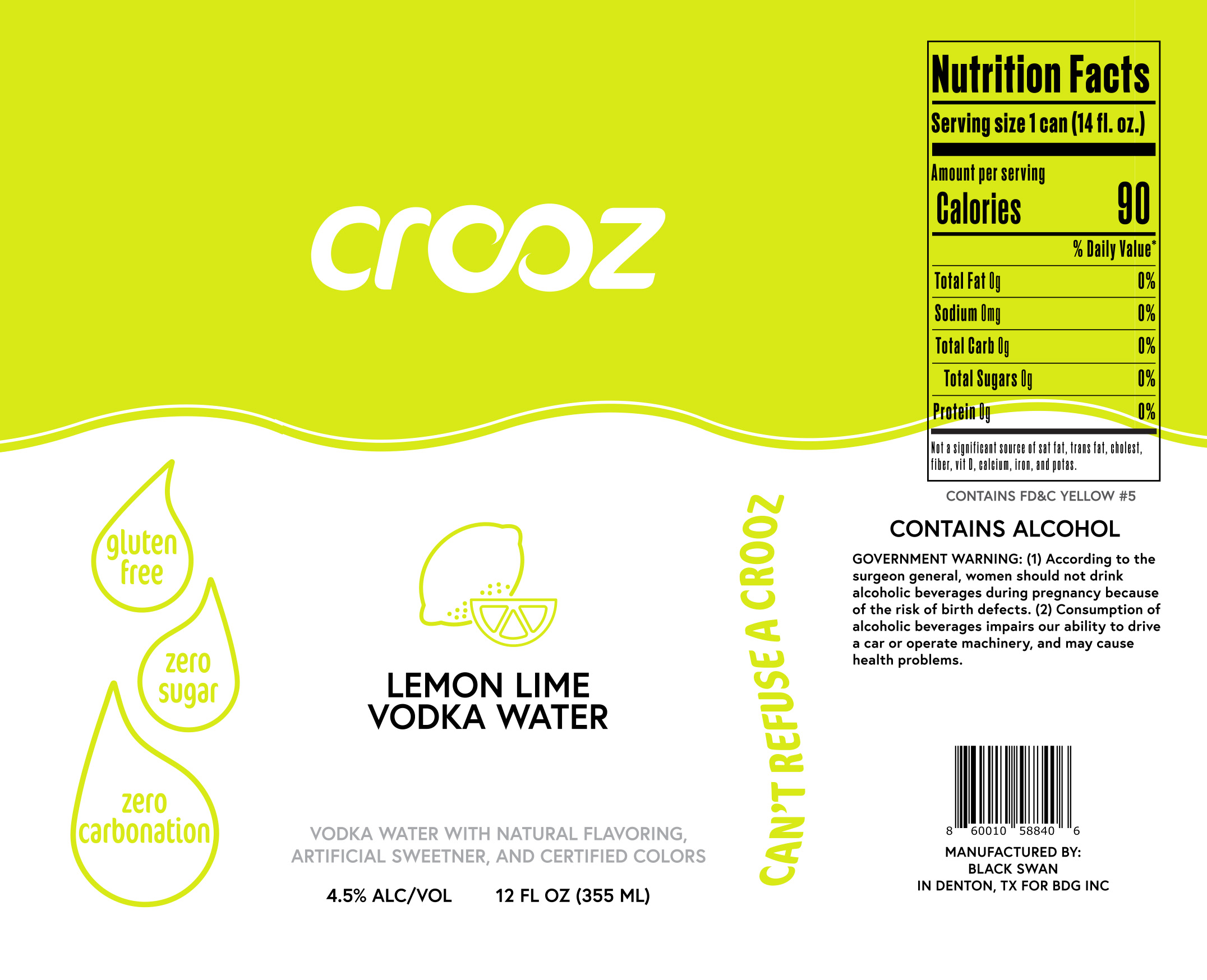TABC label artwork for CROOZ LEMON LIME VODKA WATER