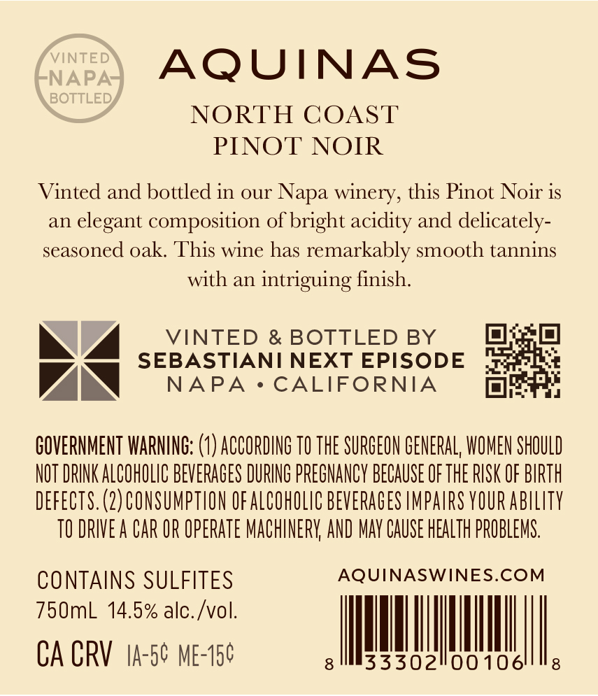 TABC label artwork for Aquinas Pinot Noir