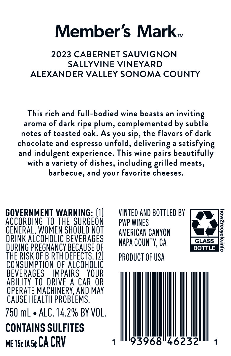TABC label artwork for Member's Mark Private Reserve Cabernet Sauvignon