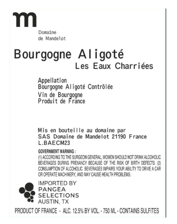 TABC label artwork for DOMAINE DE MANDELOT LES EAUX CHARRIÉES