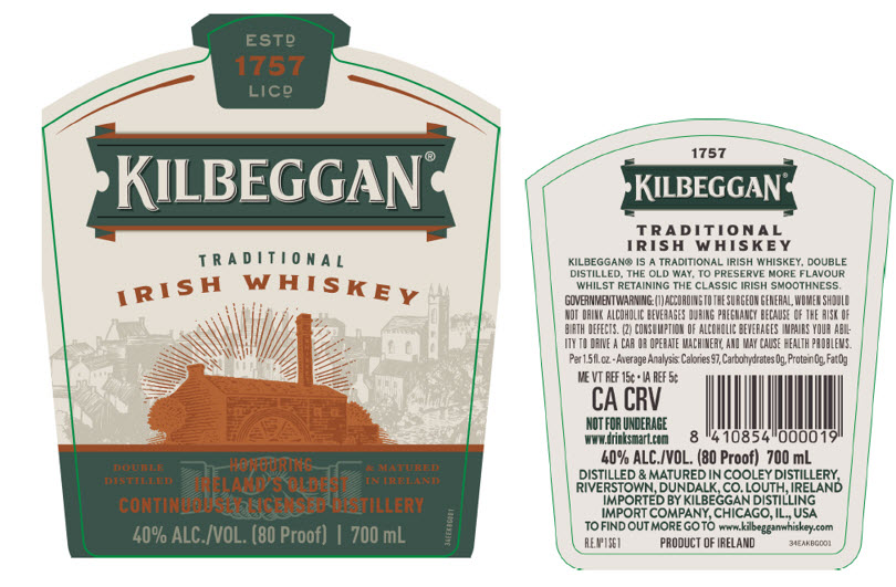 TABC label artwork for Kilbeggan Traditional Irish Whiskey