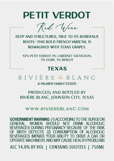 TABC label artwork for Riviere Blanc Petit Verdot