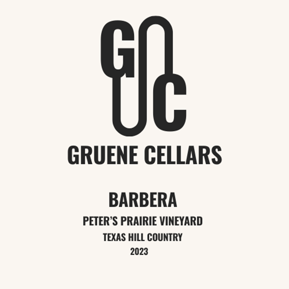 TABC label artwork for Gruene Cellars 2023 Barbera, Peters Prairie, THC