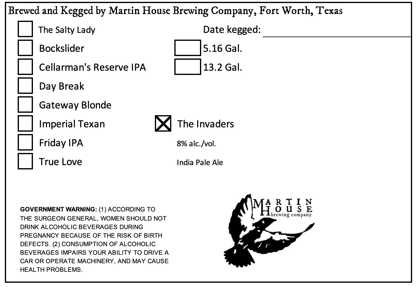 TABC label artwork for MARTIN HOUSE BREWING COMPANY THE INVADERS KEG
