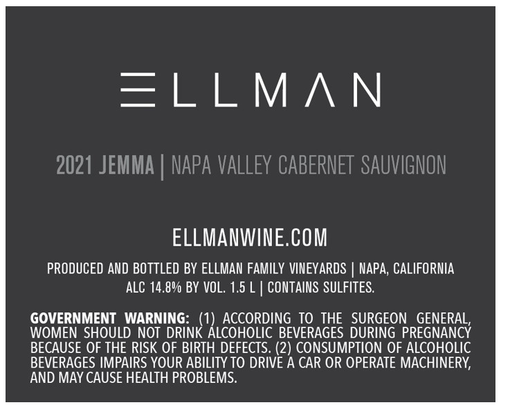 TABC label artwork for ELLMAN FAMILY VINEYARDS JEMMA CABERNET SAUVIGNON