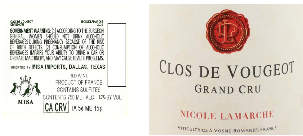 TABC label artwork for NICOLE LAMARCHE CLOS DE VOUGEOT GRAND CRU
