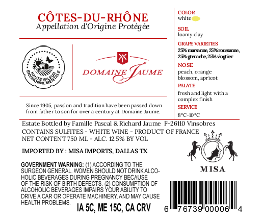 TABC label artwork for DOMAINE JAUME COTES-DU-RHONE WHITE