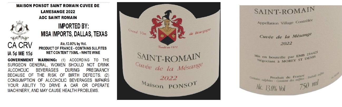TABC label artwork for MAISON PONSOT CUVEE DE LAMESANGE