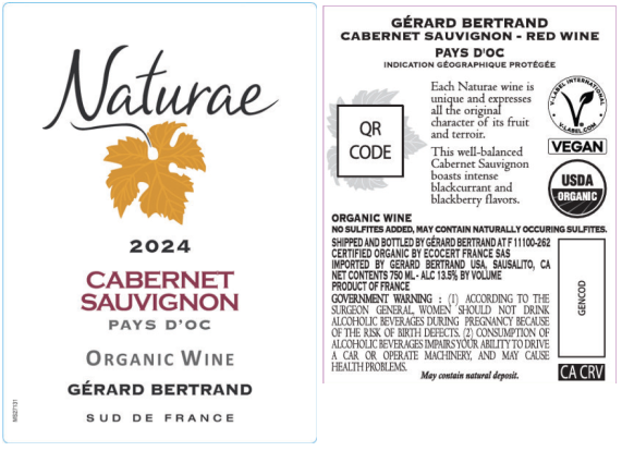 TABC label artwork for Gerard Bertrand Naturae Cabernet Sauvignon Pays D'Oc