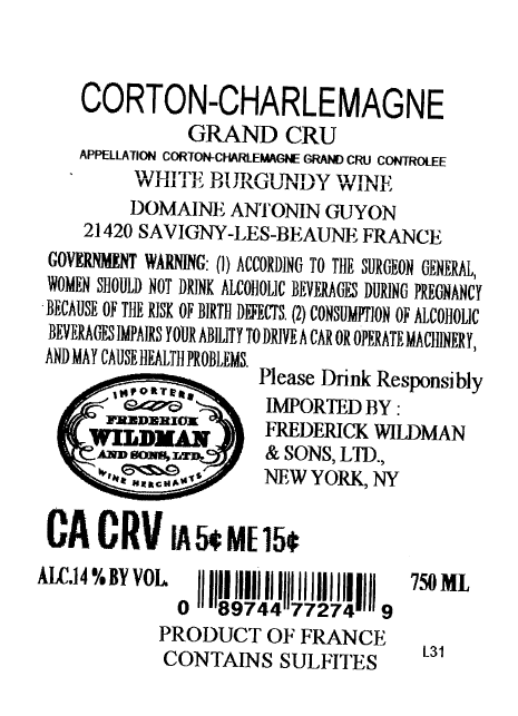 TABC label artwork for Domaine Antonin Guyon Corton-Charlemagne Grand Cru