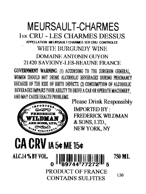 TABC label artwork for Domaine Antonin Guyon Meursault-Charmes 1er Cru Les Charmes Dessus