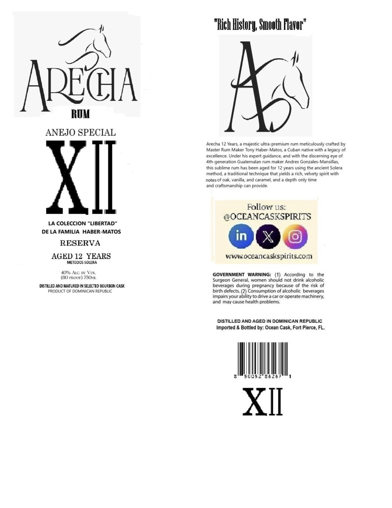 TABC label artwork for Ron Arecha 12Yr Rum