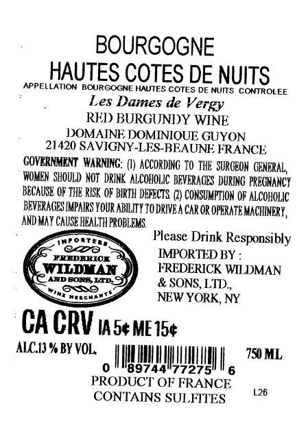 TABC label artwork for Domaine Dominique Guyon Bourgogne Hautes Cotes De Nuits Les Dames De Vergy