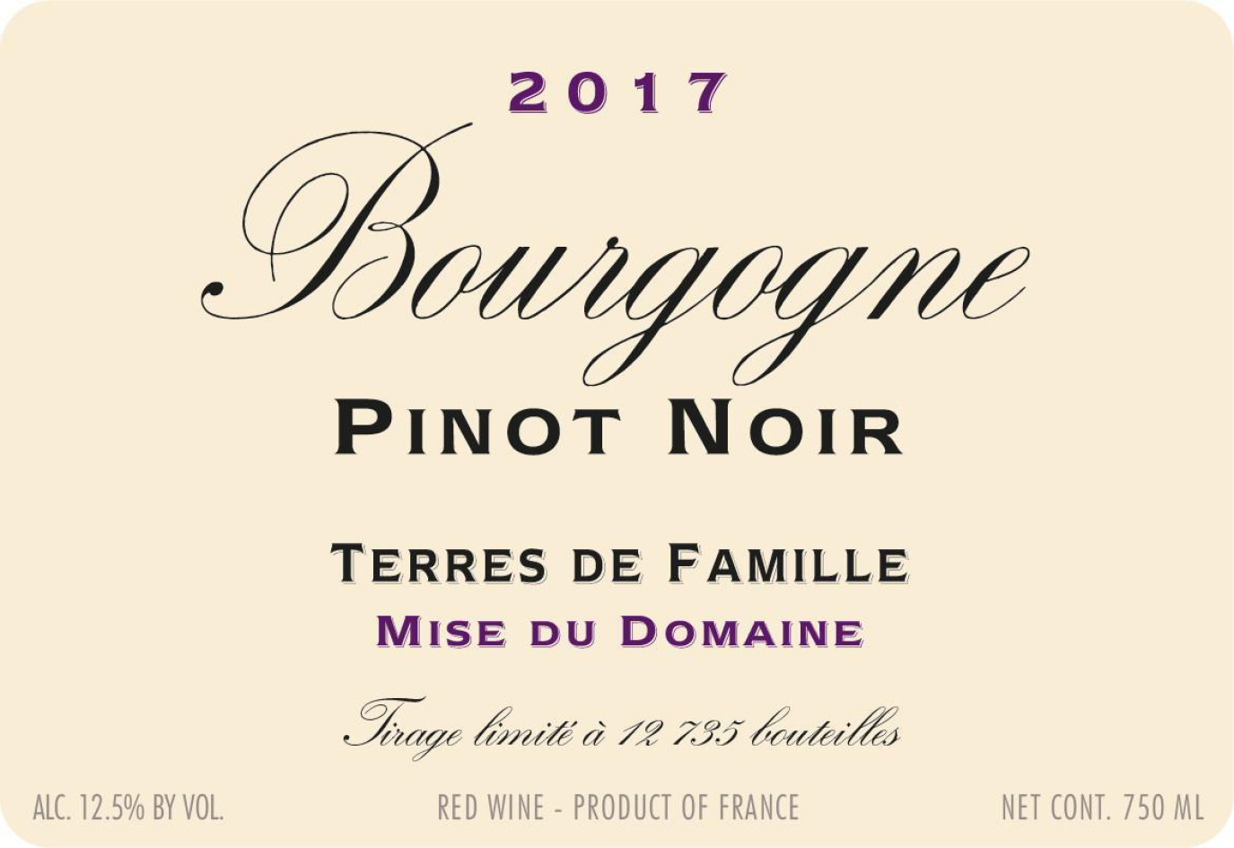 TABC label artwork for Domaine Vougeraie Terres de Famille Pinot Noir