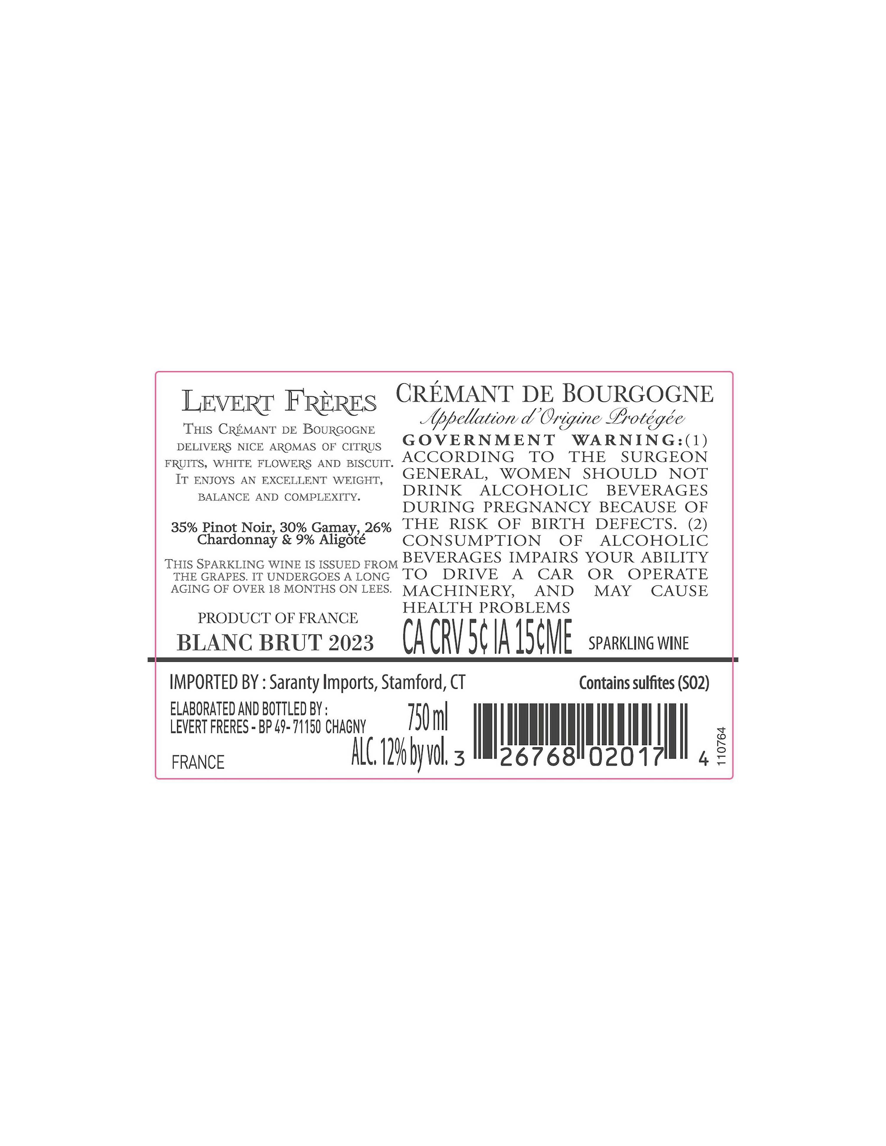 TABC label artwork for Levert Freres Brut Cremant De Bourgogne