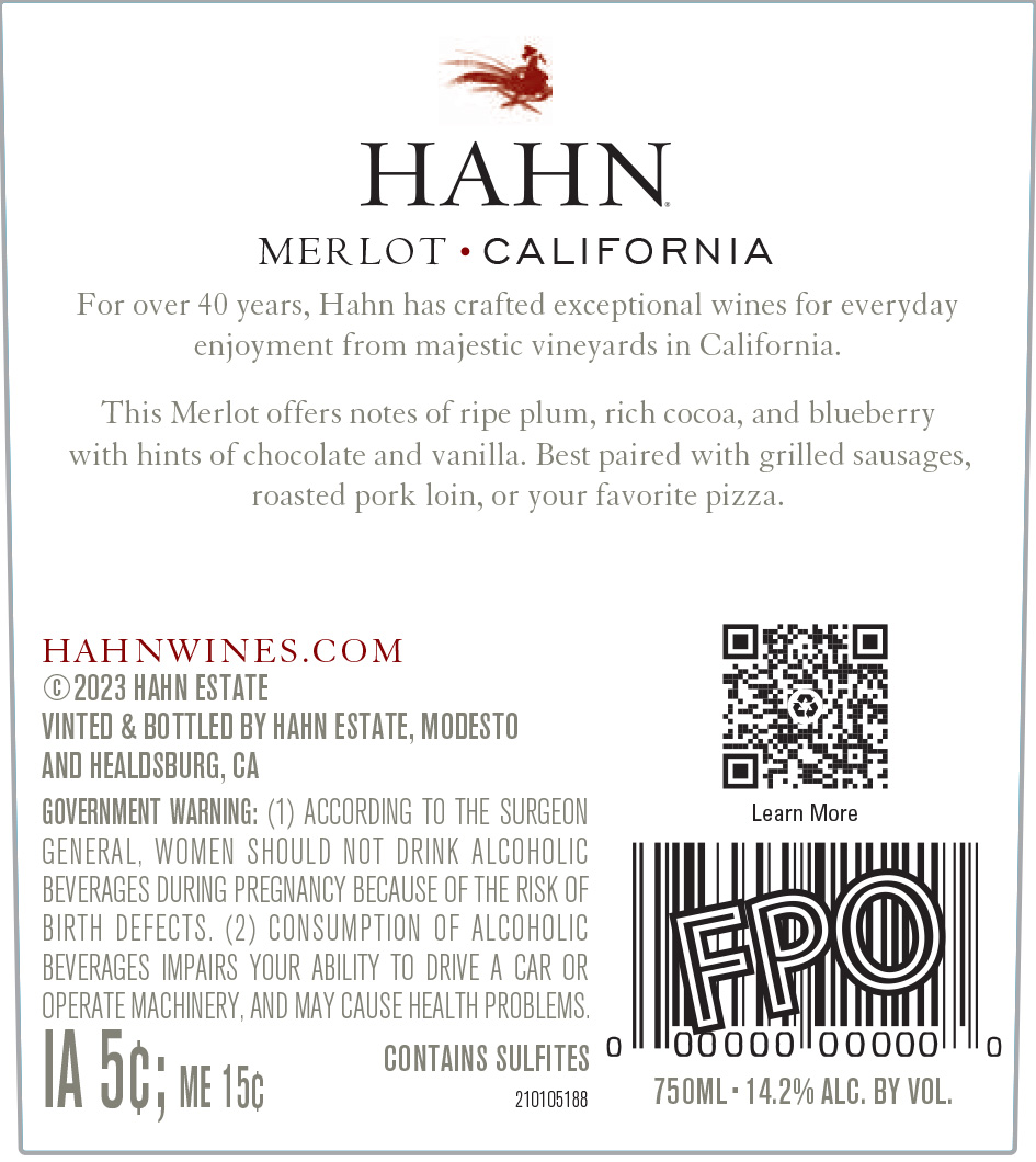 TABC label artwork for Hahn Merlot California