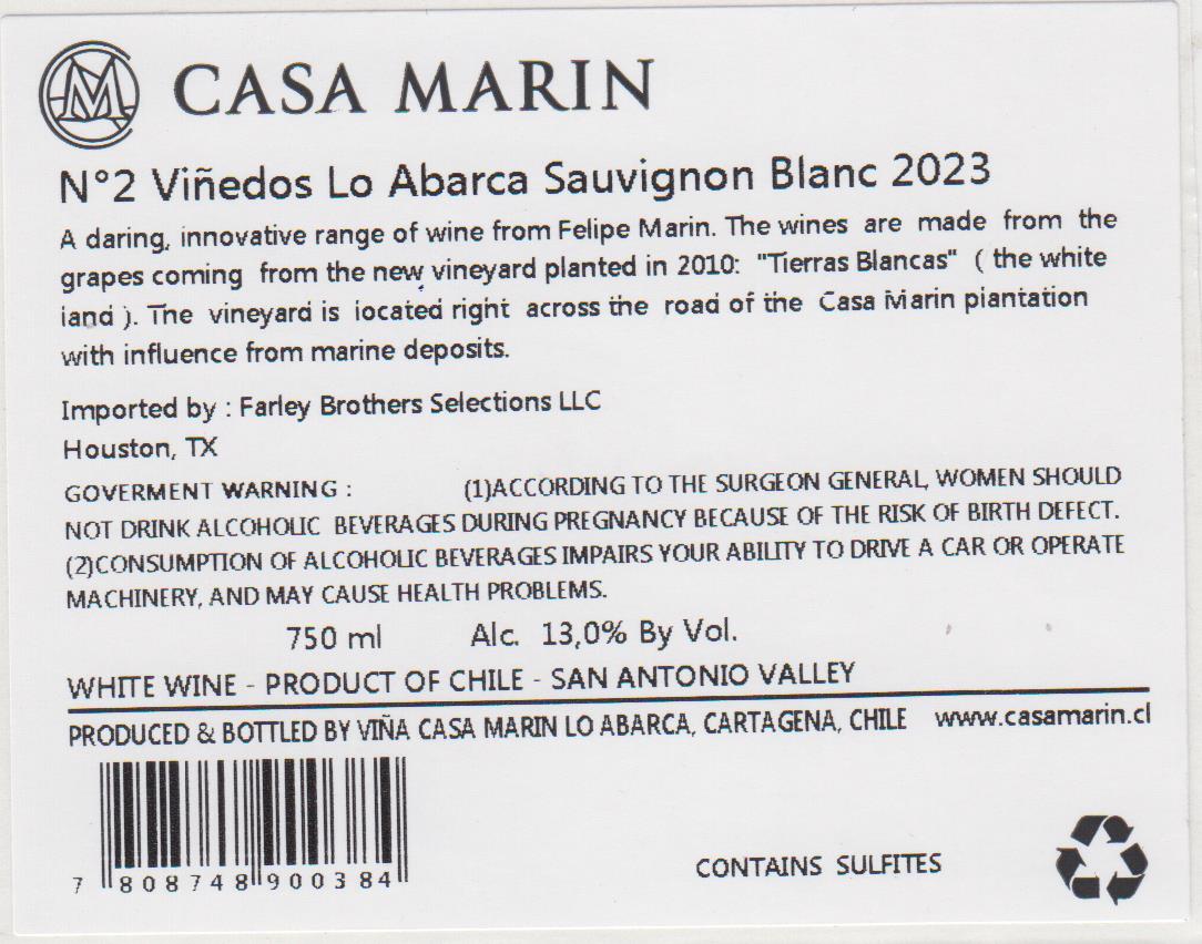 TABC label artwork for Casa Marin Lo Abarca Sauvignon Blanc