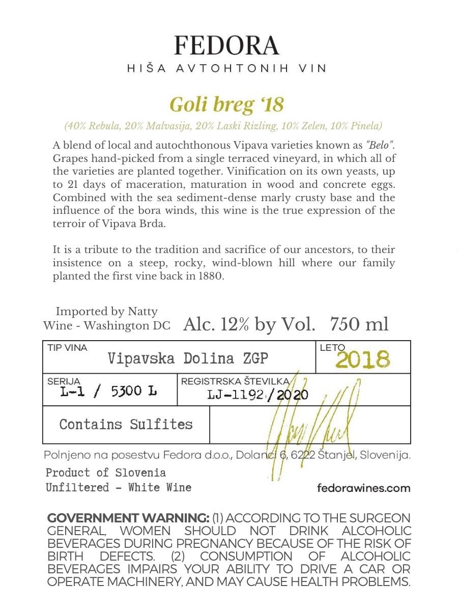 TABC label artwork for Fedora Goli breg