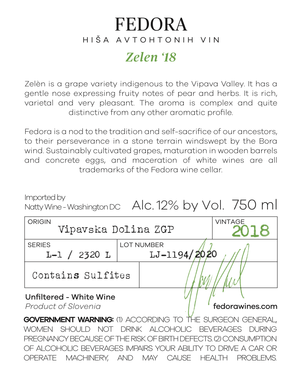 TABC label artwork for Fedora Zelen