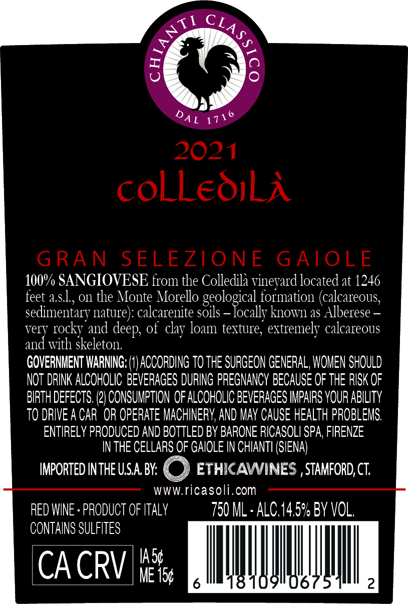 TABC label artwork for RICASOLI COLLEDILÀ CHIANTI CLASSICO DOCG GRAN SELEZIONE GAIOLE