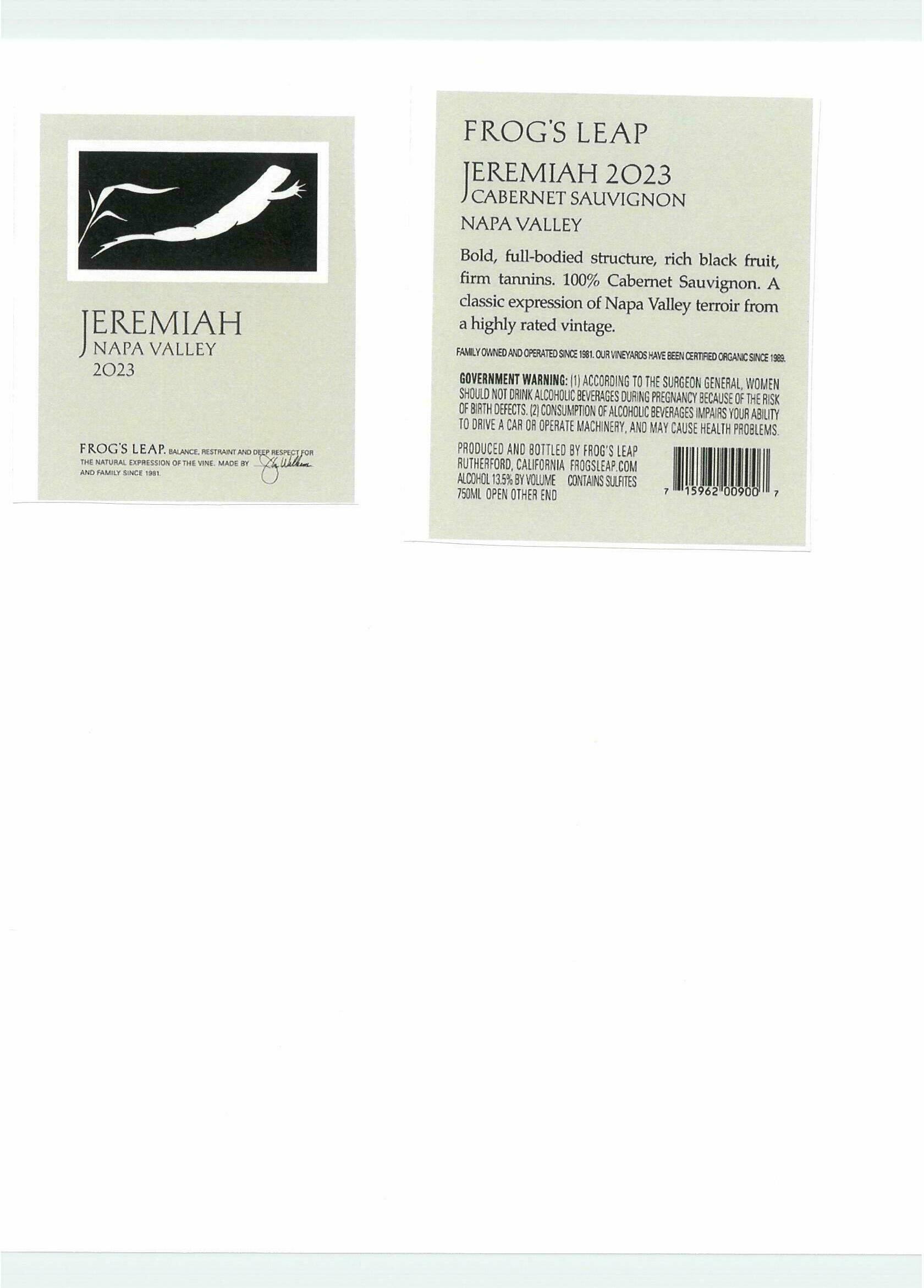 TABC label artwork for Frog's Leap Jeremiah Cabernet Sauvignon Napa Valley