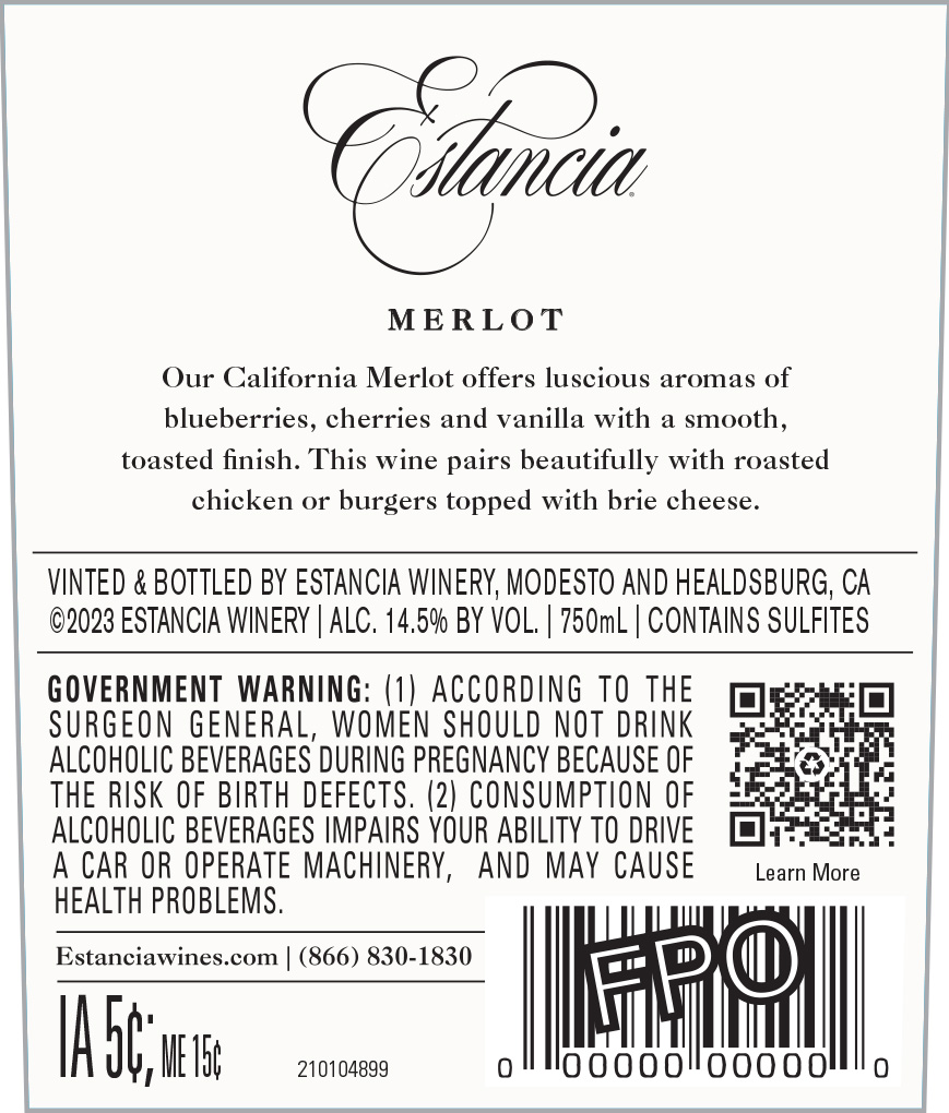 TABC label artwork for Estancia Merlot California