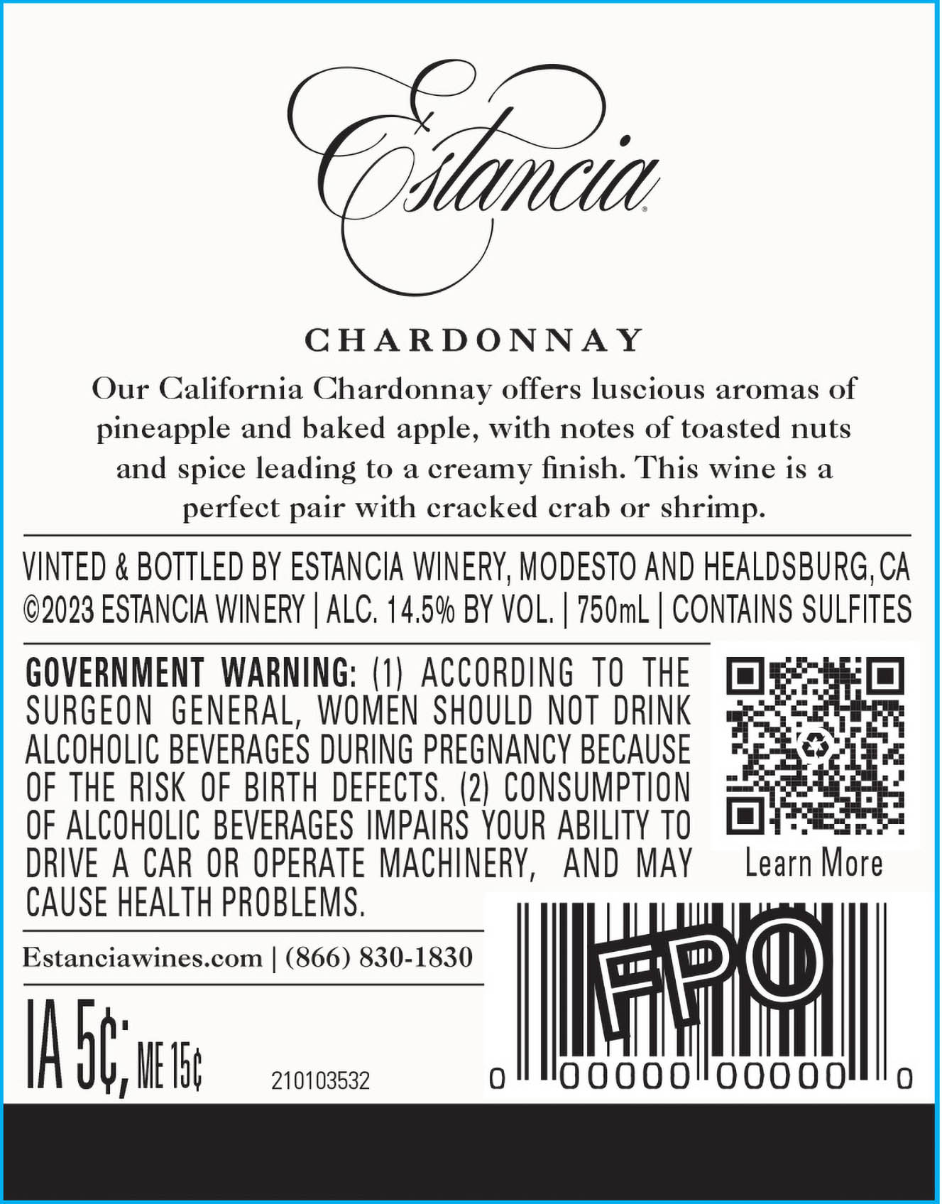 TABC label artwork for Estancia Chardonnay California