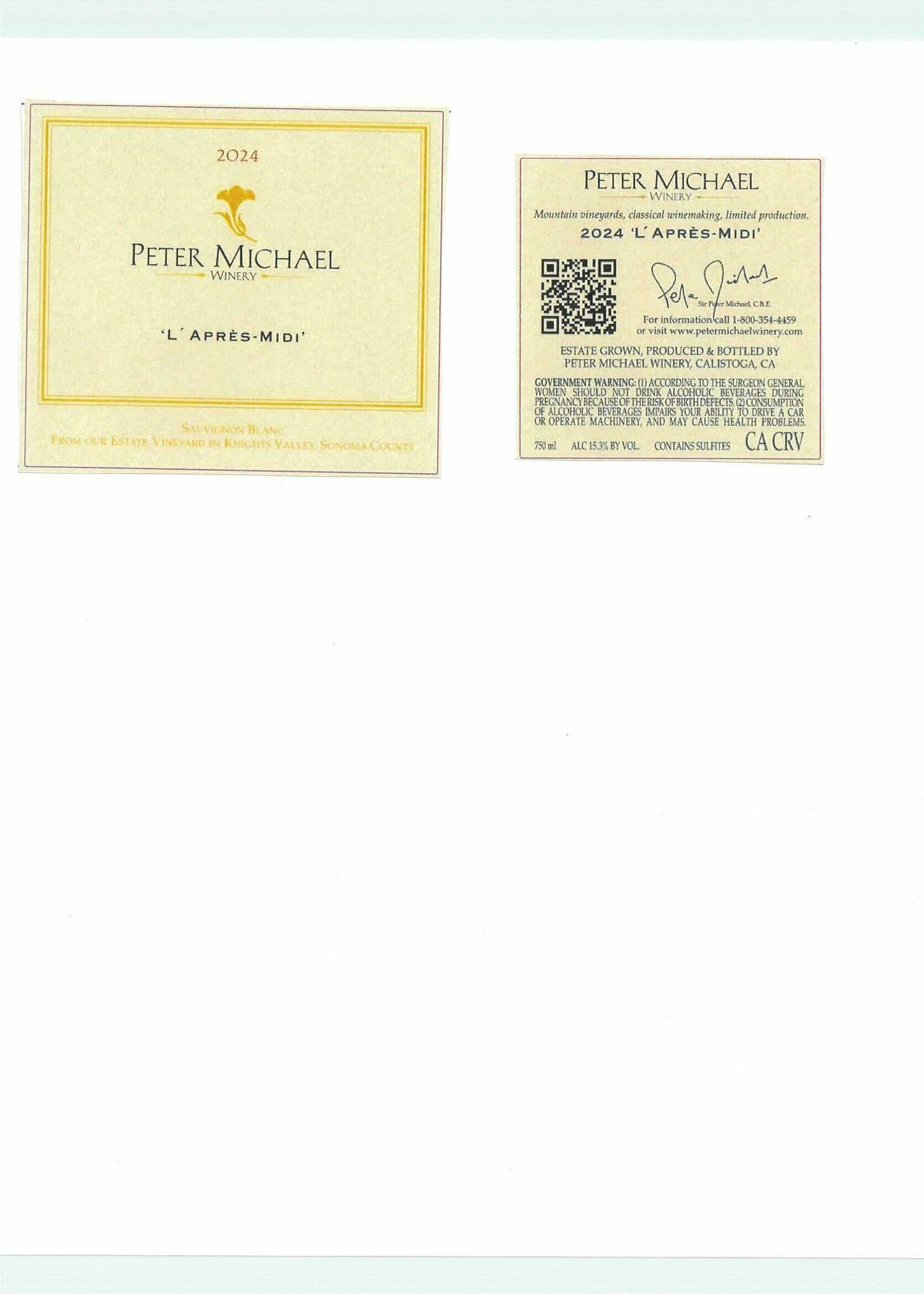 TABC label artwork for Peter Michael Winery L'Apres Midi Sauvignon Blanc Knights Valley