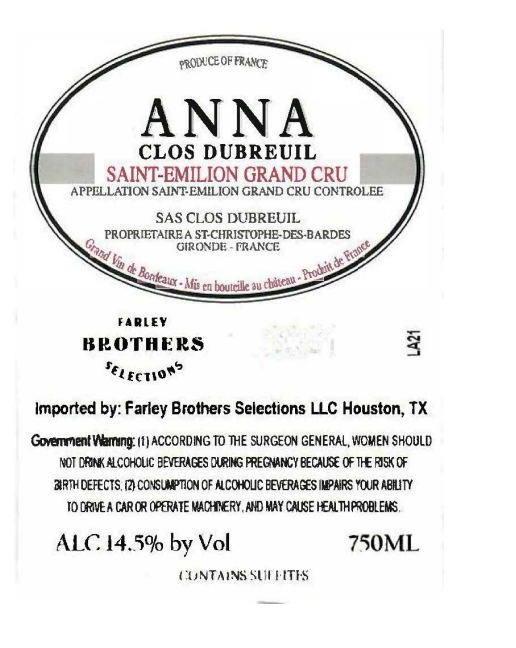 TABC label artwork for Clos Dubreuil Anna